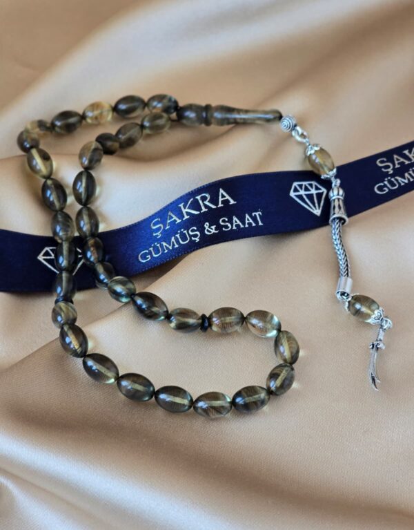 Gümüş Püsküllü Füme Tonlu Ateş Kehribar Tesbih