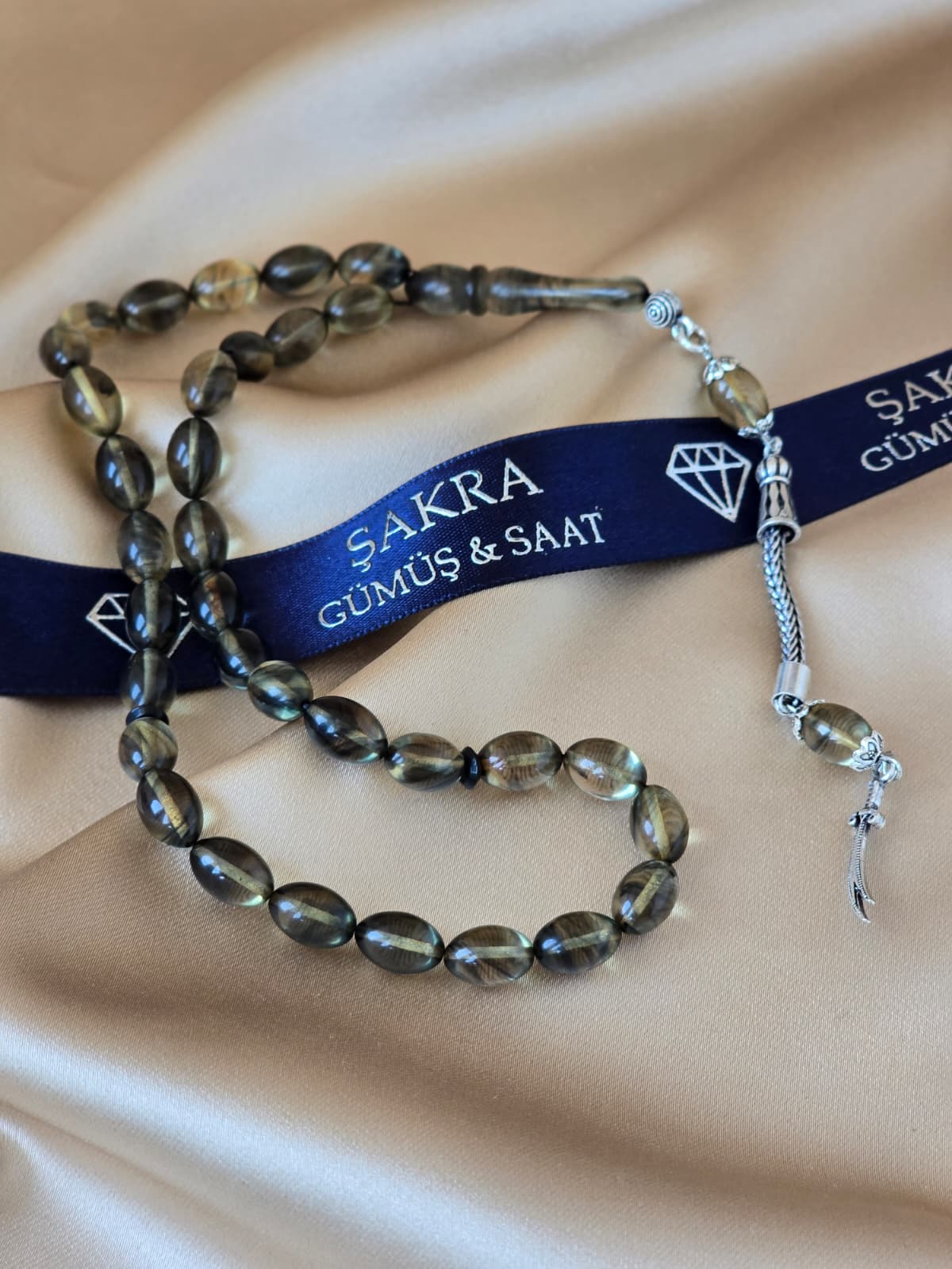 Gümüş Püsküllü Füme Tonlu Ateş Kehribar Tesbih