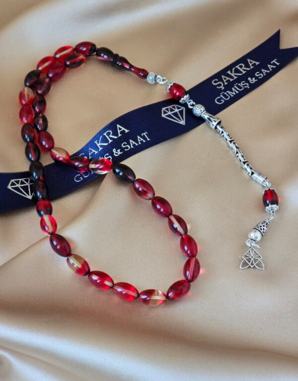 Gümüş Püsküllü Bordo Kırmızı Ateş Kehribar Tesbih