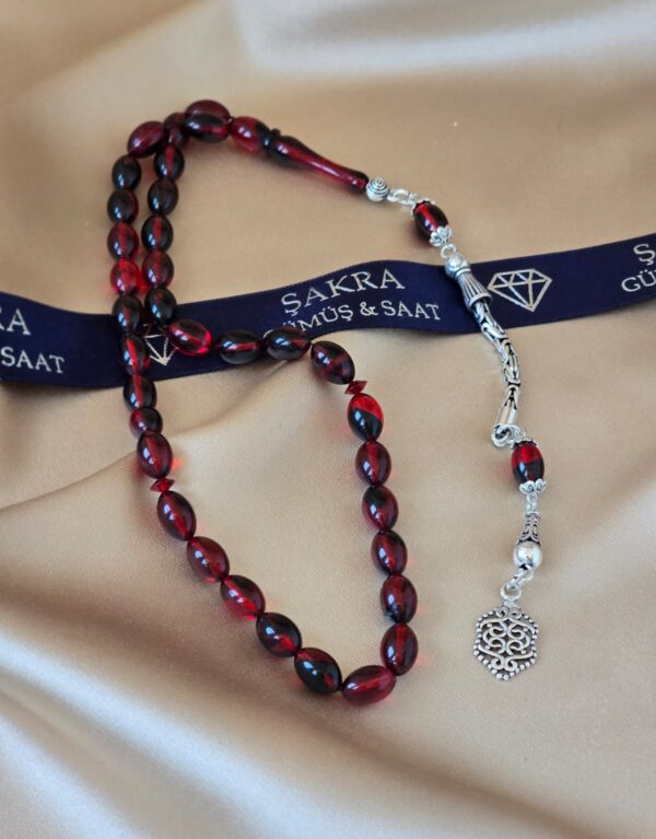 Gümüş Püsküllü Koyu Kırmızı Ateş Kehribar Tesbih