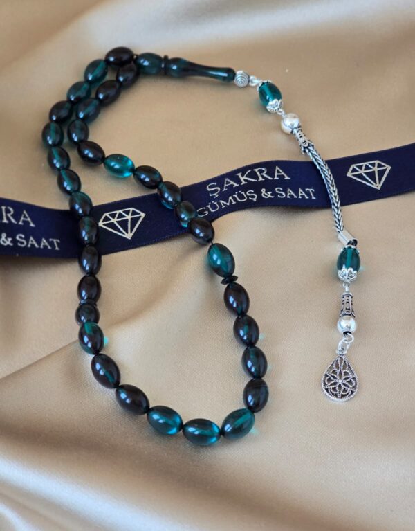 Gümüş Püsküllü Petrol Yeşili Ateş Kehribar Tesbih