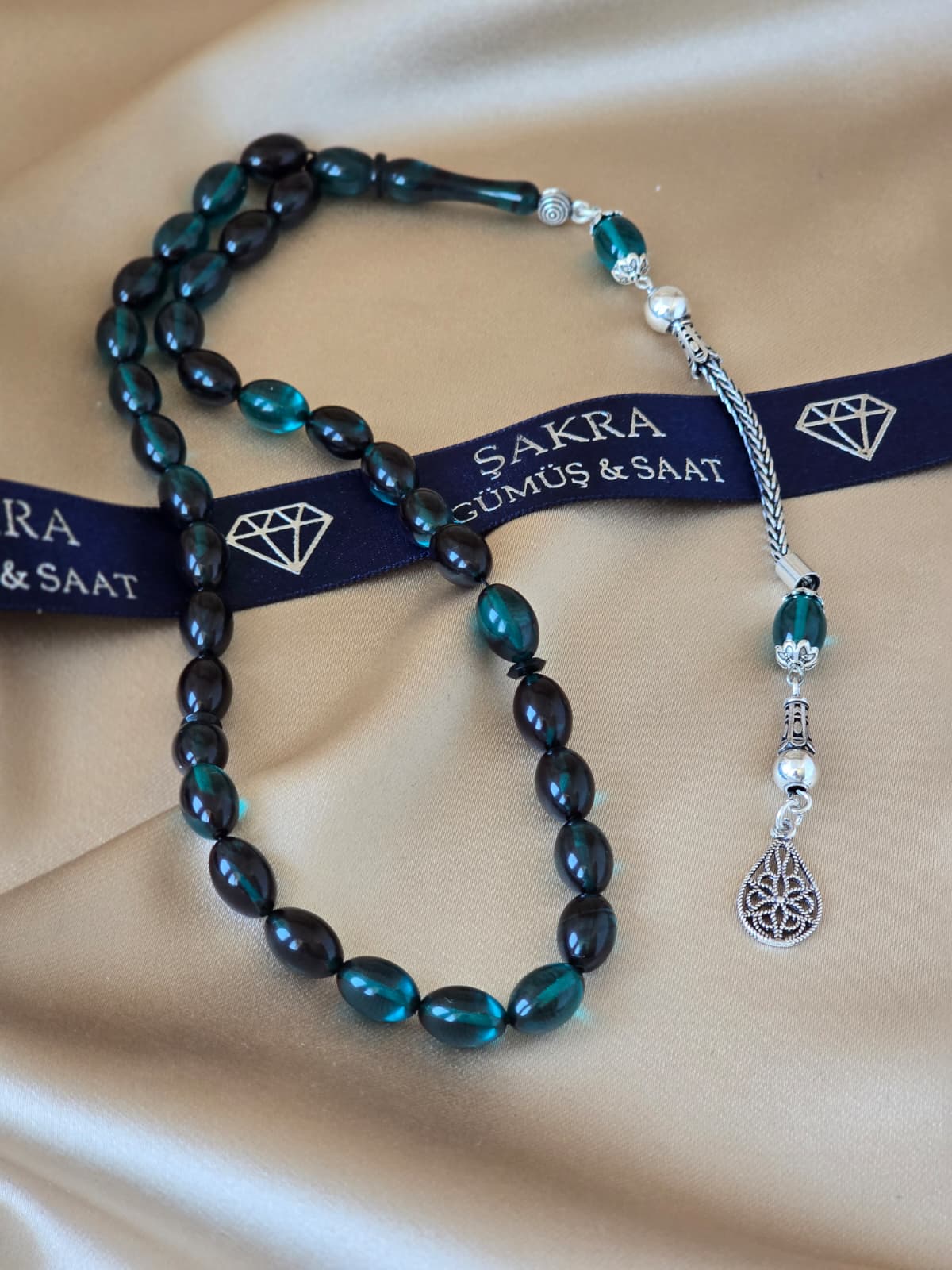 Gümüş Püsküllü Petrol Yeşili Ateş Kehribar Tesbih