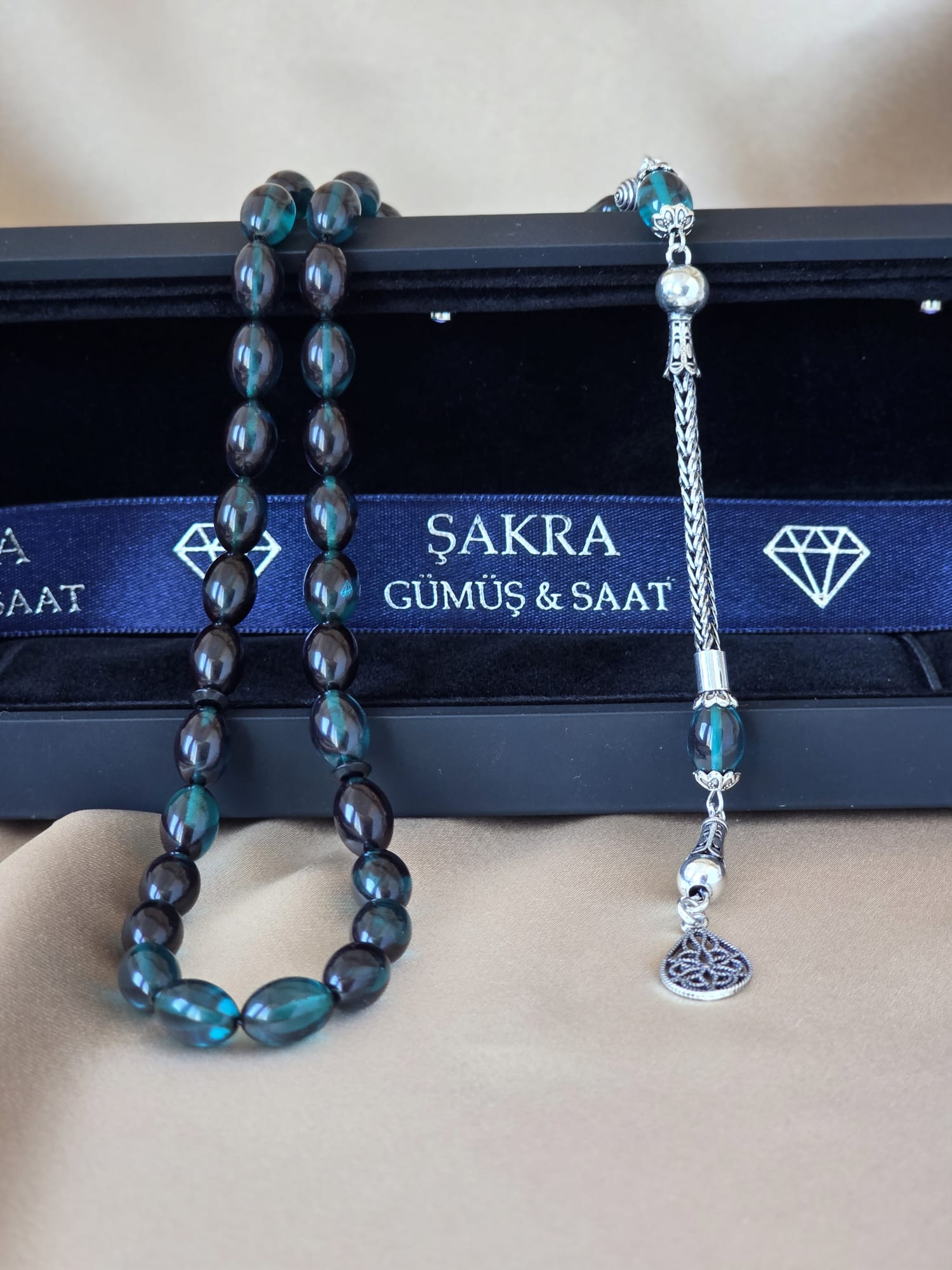 Gümüş Püsküllü Petrol Yeşili Ateş Kehribar Tesbih - Görsel 3