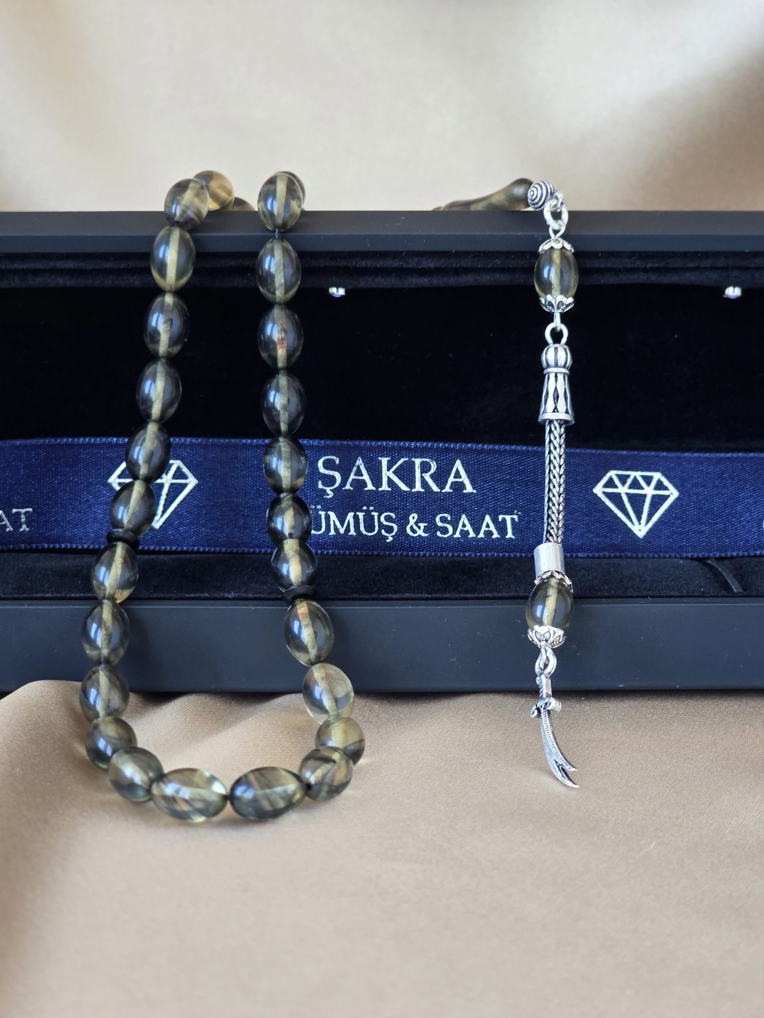 Gümüş Püsküllü Füme Tonlu Ateş Kehribar Tesbih - Görsel 3