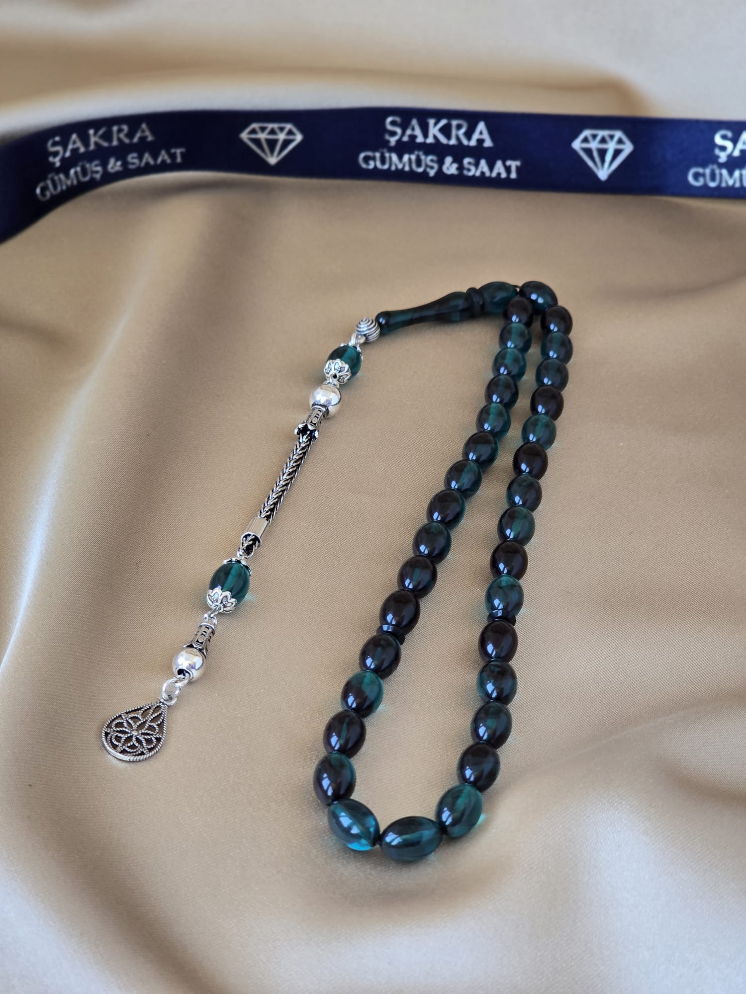 Gümüş Püsküllü Petrol Yeşili Ateş Kehribar Tesbih - Görsel 2